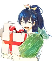  :3 animal blue_hair bow carrying closed_eyes commentary_request female ganaha_hibiki gift hairbow hamster hamuzou highres holding holding_gift idolmaster idolmaster_(classic) long_hair menea oerba_yun_fang open_mouth ponytail ribbon smile 