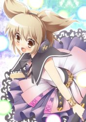  bad_id bad_pixiv_id belt blonde_hair blush brown_eyes earmuffs female flower lace lace-trimmed_skirt lace_trim lights medium_skirt open_mouth purple_skirt ritual_baton shirt skirt smile solo supershiruco sword touhou toyosatomimi_no_miko weapon wristband 