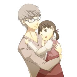  1boy brown_eyes brown_hair closed_eyes commentary_request doujima_nanako female glasses grey_hair hair_ribbon hug narukami_yuu one_eye_closed persona persona_4 ribbon tamaki_iori 