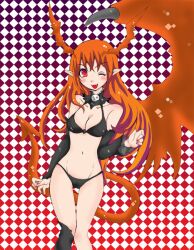  bare_shoulders bikini breasts cleavage demon_girl elbow_gloves fangs gloves long_hair lord_of_vermilion midriff navel open_mouth orange_hair pointy_ears red_eyes single_wing smile solo succubus succubus_(lord_of_vermilion) swimsuit tail wings wink 