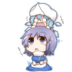  2girls :d :o apron blue_dress blue_eyes blue_hair breasts chibi chibi_on_head cirno commentary_request dekasudachin dress headwear_switch letty_whiterock looking_up medium_breasts multiple_girls o_o oerba_yun_fang on_head open_mouth scarf sitting smile touhou translated v-shaped_eyebrows wings 