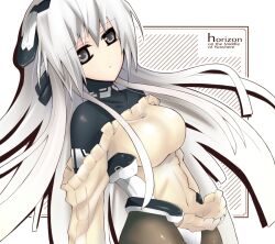  apron bad_id bad_pixiv_id bodysuit breasts female grey_eyes horizon_ariadust kyoukaisenjou_no_horizon large_breasts long_hair mizuki_miyu pantyhose solo white_hair 