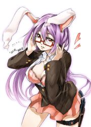  adjusting_eyewear animal_ears bespectacled blush bra breasts carrot carrot_necklace cleavage commentary_request dress_shirt female glasses gun handgun heart holster jewelry large_breasts lingerie long_hair miniskirt necklace open_clothes open_shirt pendant phenne pink_skirt purple_hair rabbit_ears red_eyes reisen_udongein_inaba shirt skirt solo thigh_holster touhou underwear weapon 