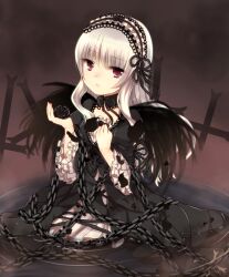  black_flower black_rose chains commentary_request cross dress female flower frown gothic_lolita grey_hair kneeling lolita_fashion long_hair moe_(hamhamham) petals purple_eyes ribbon rose rozen_maiden solo suigintou water wings 