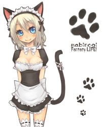  animal_ears arms_behind_back bad_id bad_pixiv_id blonde_hair blue_eyes blush bow bowtie breasts cat_ears cat_tail cleavage female highres looking_at_viewer mabinogi maid maid_headdress medium_breasts miyamae_porin original paw_print player_character_(mabinogi) smile solo tail thighhighs white_thighhighs 