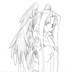  black_wings bodysuit commentary_request female flat_chest kureha_(kureha04haf) kyoukaisenjou_no_horizon line_art long_hair malga_naruze monochrome photoshop_(medium) solo wings 