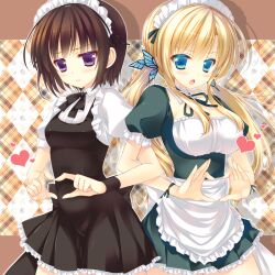  2girls 4-fingers_heart_hands :o argyle_background bad_id bad_pixiv_id black_hair blonde_hair blue_eyes blush boku_wa_tomodachi_ga_sukunai breasts bug butterfly butterfly_hair_ornament hair_ornament headdress heart heart_hands kashiwazaki_sena large_breasts locked_arms long_hair looking_at_viewer mikazuki_yozora mitsuki_tsumi multiple_girls open_mouth purple_eyes ribbon short_hair twintails uniform waitress wristband 