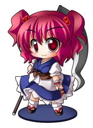  bad_id bad_pixiv_id blue_dress blush breasts chibi dress faux_figurine female hair_bobbles hair_ornament japanese_clothes medium_breasts medium_dress onozuka_komachi red_eyes red_hair scythe shinjitsu short_hair simple_background smile solo touhou two_side_up white_background 