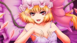  blonde_hair commentary_request dress fangs female flandre_scarlet frilled_pillow frills hands_on_own_chest hat hat_ribbon highres lying nazal nightgown off_shoulder on_back open_mouth photoshop_(medium) pillow purple_dress red_eyes ribbon short_hair side_ponytail signature smile solo strap_slip touhou wings 