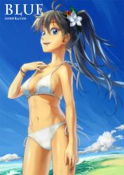  andou_shuki bare_shoulders beach bikini black_hair blue_eyes breasts cleavage commentary_request day earrings female flower ganaha_hibiki hair_flower hair_ornament halterneck high_ponytail idolmaster idolmaster_(classic) jewelry long_hair medium_breasts midriff ponytail side-tie_bikini_bottom smile solo string_bikini swimsuit white_bikini 