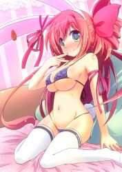  animal_ears arm_support bad_id bad_pixiv_id bikini blush bow breasts carrot female fingernails green_eyes hairbow highres hirose_madoka large_breasts long_hair looking_at_viewer original photoshop_(medium) rabbit_ears red_hair ribbon shiny_skin sitting skindentation smile solo strap_gap swimsuit thighhighs wariza white_thighhighs 