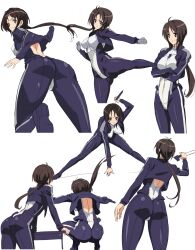  ass bodysuit breasts brown_eyes brown_hair commentary_request crossed_arms female from_behind highres kyoukaisenjou_no_horizon leaning_forward long_hair makacoon medium_breasts multiple_views oriotorai_makiko ponytail squatting 