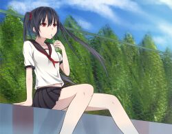  bad_id bad_pixiv_id black_hair black_skirt cloud day female fence heisei_yutorin juice juice_box long_hair miniskirt navel original outdoors pleated_skirt red_eyes school_uniform serafuku sitting skirt sky solo tree twintails 