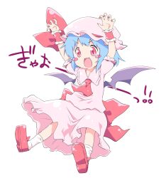  arms_up ascot ayakashi_(monkeypanch) bat_wings blue_hair blush_stickers commentary_request female hat hat_ribbon lolicon medium_skirt nail_polish oerba_yun_fang open_mouth pink_eyes pink_skirt red_nails remilia_scarlet ribbon shirt simple_background sitting skirt skirt_set solo touhou translated white_background wings wrist_cuffs 