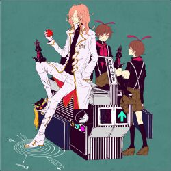  3boys apple bad_id bad_pixiv_id food fruit holding holding_food holding_fruit mawaru_penguindrum multiple_boys pink_hair rabbit shirase_(mawaru_penguindrum) smile souya_(mawaru_penguindrum) tkmrrrr watase_sanetoshi 