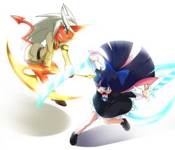  2girls alternate_hair_color armband bare_legs battle blue_eyes bow colored_skin commentary_request dress dual_wielding duel glasses green_eyes hairbow holding horns katana kneesocks_(psg) long_hair miniskirt multicolored_hair multiple_girls open_mouth panty_&amp;_stocking_with_garterbelt photoshop_(medium) pink_hair purple_hair red_skin school_uniform scythe simple_background single_horn skirt stocking_(psg) sword two-tone_hair ukan_muri very_long_hair weapon white_background white_hair 