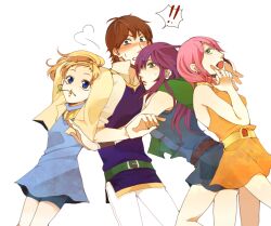  1boy 3girls arms_behind arms_behind_back arms_behind_head arms_up bare_shoulders belt blonde_hair blue_eyes blush brown_hair butz_klauser cape dress faris_scherwiz female final_fantasy final_fantasy_5 green_eyes harem jacket krile_mayer_baldesion legatouga lenna_charlotte_tycoon long_hair male multiple_girls open_mouth pants pink_hair pixiv_manga_sample ponytail purple_hair short_hair sweatdrop wristband 