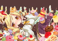  beret blonde_hair blush breasts cake cake_slice candy chocolate chocolate_doughnut commentary_request corset cupcake detached_sleeves doughnut drill_hair female fingerless_gloves food fruit gloves hat heart igaiga jelly_bean lying macaron mahou_shoujo_madoka_magica mahou_shoujo_madoka_magica_(anime) medium_breasts miniskirt purple_thighhighs skirt solo sprinkles strawberry strawberry_shortcake striped_clothes striped_thighhighs tears thighhighs tilted_headwear tomoe_mami tomoe_mami_(magical_girl) twin_drills twintails vertical-striped_clothes vertical-striped_thighhighs yellow_eyes yellow_skirt 