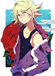  1boy akishima_kei bad_id bad_pixiv_id bare_shoulders blonde_hair flower ivan_karelin jacket letterman_jacket male_focus off_shoulder purple_eyes purple_jacket rose solo tank_top tiger_&amp;_bunny 