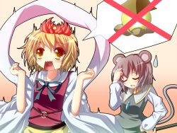  2girls animal_ears bad_id bad_pixiv_id bishamonten&#039;s_pagoda blonde_hair closed_eyes grey_hair hand_on_own_hip highres mouse_ears mouse_tail multiple_girls nazrin shawl shefu short_hair sweatdrop tail tears toramaru_shou touhou yellow_eyes 