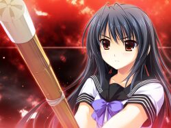  black_hair brown_eyes game_cg kourin_no_machi_lavender_no_shoujo long_hair red seifuku tagme weapon 