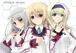  3girls blonde_hair blue_eyes blue_hairband cecilia_alcott charlotte_dunois commentary_request grey_hair hairband heterochromia highres infinite_stratos laura_bodewig long_hair multiple_girls no_eyepatch okingjo purple_eyes uniform 