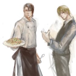  2boys apron blonde_hair brown_eyes brown_hair commentary_request crossover curly_eyebrows facial_hair food formal fried_rice goatee highres hirata_hiroaki kaburagi_t._kotetsu male_focus multiple_boys one_piece photoshop_(medium) realistic sanji_(one_piece) spoon stubble suit tiger_&amp;_bunny utsuki_(fadeout) voice_actor_connection 