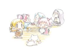  5girls ^_^ akemi_homura apron baku_taso black_hair black_skirt blonde_hair blue_hair bowl cake checkered chibi closed_eyes commentary_request cream crossed_arms drill_hair food fork fruit hair_ornament hair_ribbon hairband hairclip kaname_madoka kyuubee long_hair mahou_shoujo_madoka_magica mahou_shoujo_madoka_magica_(anime) miki_sayaka mitakihara_school_uniform multiple_girls open_mouth oven_mitts pink_hair plaid plaid_skirt pleated_skirt red_hair ribbon sakura_kyoko school_uniform skirt smile smirk strawberry table tomoe_mami twin_drills twintails whisk 