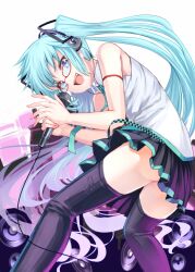  aqua_eyes aqua_hair bespectacled black_skirt commentary_request female glasses hatsune_miku headphones lat_model_(mikumikudance) long_hair microphone miniskirt music necktie open_mouth pleated_skirt shiokonbu singing skirt solo thighhighs twintails very_long_hair vocaloid zettai_ryouiki 