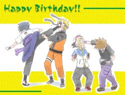  4boys black_hair blonde_hair cake food forehead_protector gary_oak happy_birthday male_focus multiple_boys naruto naruto_(series) naruto_shippuuden photoshop_(medium) pokemon pokemon_(anime) rivalry satoshi_(pokemon) spiked_hair uchiha_sasuke uchiha_symbol uzumaki_naruto yun_(piyo-piyoyo) 