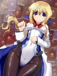  :&lt; blonde_hair blue_eyes blush bodysuit book breasts commentary_request ear_covers elf female glasses highres kyoukaisenjou_no_horizon long_hair lying on_back pantyhose photoshop_(medium) pointy_ears sidelocks small_breasts solo thomas_shakespear you_naka 