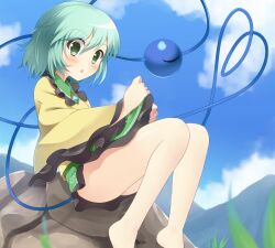  aqua_hair bad_id bad_pixiv_id bare_legs barefoot clothes_lift eyeball female frilled_skirt frills green_eyes green_hair green_skirt komeiji_koishi miniskirt no_headwear print_skirt short_hair sitting skirt skirt_lift solo supershiruco third_eye touhou 