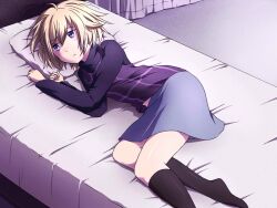  bed black_socks blonde_hair blue_eyes blue_skirt blush closed_mouth commentary_request curtains dot_nose expressionless female floor half-closed_eyes hands_up head_on_pillow head_tilt indoors kneehighs knees_up long_sleeves looking_afar lying medium_hair medium_skirt messy_hair midriff_peek nyaa_(nnekoron) official_art on_side pillow purple_eyes purple_sweater purple_vest shoes skirt socks solo sweater turtleneck turtleneck_sweater unusually_open_eyes unworn_shoes urotsuki vest yume_2kki 