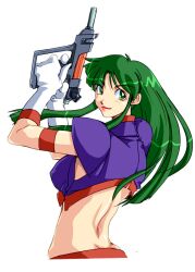  back breasts commentary_request dimples_of_venus female gloves green_eyes green_hair gun jacket lipstick long_hair looking_back makeup medium_breasts midriff panties qkat_(arikawa-dou) reika_(time_gal) sideboob simple_background smirk solo time_gal underwear weapon 