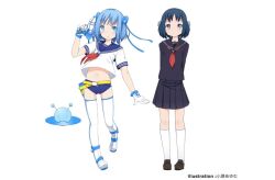  2girls aqua_eyes arms_behind_back black_skirt blue_eyes blue_hair boots buruma character_request copyright_request dual_persona gloves gun hair_ornament hairpin kneehighs loafers midriff miniskirt multiple_girls navel necktie pleated_skirt school_uniform serafuku shoes short_hair shouji_ayumu skirt socks thigh_boots thighhighs weapon white_gloves white_legwear 