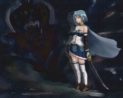  bare_shoulders blue_eyes blue_hair cape commentary_request darkness dress female full_body highres mahou_shoujo_madoka_magica mahou_shoujo_madoka_magica_(anime) miki_sayaka miki_sayaka_(magical_girl) oktavia_von_seckendorff rasukaru sad serious shoes short_hair spoilers sword tears thighhighs weapon white_legwear zettai_ryouiki 