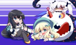  3girls bare_shoulders black_hair blonde_hair blue_eyes breasts charlotte_(madoka_magica) cleavage commentary_request crossed_legs dress eyepatch green_eyes grin hair_ornament hairclip hat ikaruga_(senran_kagura) long_hair mahou_shoujo_madoka_magica mahou_shoujo_madoka_magica_(anime) medium_breasts multiple_girls oborotsuki_kakeru open_mouth pantyhose red_eyes school_uniform senran_kagura senran_kagura_shoujo-tachi_no_shin&#039;ei sitting smile snake tongue trembling twintails vore white_hair yagyu_(senran_kagura) yomi_(senran_kagura) 