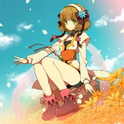  bare_legs bike_shorts bow brown_hair cloud coat commentary_request day female flower full_body green_eyes hair_flower hair_ornament hair_ribbon hairband leia_rolando mami_(apsaras) ribbon shoes short_hair sitting sky smile solo tales_of_(series) tales_of_xillia 