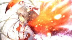  ascot bad_link bow eho_(icbm) female fiery_wings fire fujiwara_no_mokou grey_hair hairbow long_hair looking_at_viewer pants red_eyes ribbon solo suspenders touhou wings 