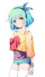  aqua_nails arms_behind_back bad_id bad_pixiv_id blue_hair blue_shorts bracelet earrings eloosia female fingernails hairband jewelry nail_polish original print_shirt red_eyes shirt short_hair short_shorts shorts solo thighhighs white_thighhighs yellow_shirt 