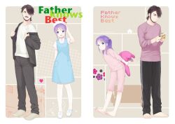  1boy bad_id bad_pixiv_id blue_eyes facial_hair father_and_daughter female hat higebu inazuma_eleven inazuma_eleven_(series) inazuma_eleven_go kudou_fuyuka kudou_michiya long_hair nurse nurse_cap pajamas photoshop_(medium) purple_hair stuffed_animal stuffed_toy 