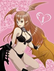  bare_shoulders breasts brown_hair cleavage demon_girl horns long_hair lord_of_vermilion navel open_mouth pointy_ears single_wing solo succubus succubus_(lord_of_vermilion) tail wings 