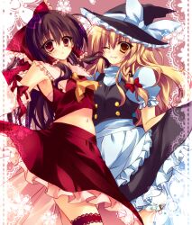  2girls armpits bad_id bad_pixiv_id blonde_hair braid brown_hair detached_sleeves hair_ribbon hair_tubes hakurei_reimu hat highres kirisame_marisa matsumiya_kiseri multiple_girls navel one_eye_closed red_eyes ribbon side_braid touhou witch_hat yellow_eyes 