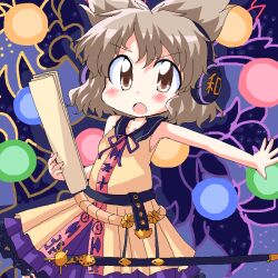  brown_eyes brown_hair chibi commentary_request earmuffs female geetsu jaggy_lines oekaki scabbard sheath sheathed shirt sleeveless sleeveless_shirt solo sword touhou toyosatomimi_no_miko weapon 