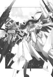  2girls bodysuit breasts flat_chest greyscale highres kyoukaisenjou_no_horizon large_breasts malga_naruze margot_knight monochrome multiple_girls official_art pantyhose satoyasu wings 