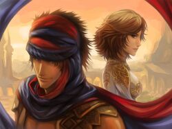  1boy brown_eyes brown_hair commentary_request elika_(prince_of_persia) female landscape nori_chia prince_(2008) prince_(prince_of_persia) prince_of_persia prince_of_persia_(2008) scarf short_hair smile turban 