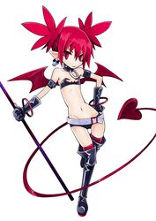  armlet bare_shoulders belt black_bra black_choker black_footwear black_gloves black_shorts boots bra bracelet choker closed_mouth commentary contrapposto demon_girl demon_tail demon_wings disgaea donikura earrings elder_spear etna_(disgaea) female flat_chest full_body gloves hair_up hand_on_own_hip holding holding_polearm holding_weapon jewelry light_smile looking_at_viewer midriff navel o-ring_collar pointy_ears polearm red_eyes red_hair red_thighhighs short_shorts shorts simple_background skull_earrings slit_pupils smile solo spear standing tail thigh_boots thigh_gap thighhighs twintails underwear v-shaped_eyebrows weapon white_background white_belt wings 