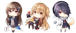  3girls :d absurdres aogiri_koukou beret black_dress black_hair black_headwear black_jacket black_legwear blazer blush braid brown_footwear brown_hair cardigan_vest chibi closed_mouth collared_shirt commentary_request crescent doumyouji_cocoa dress dress_shirt eighth_note game_club_project grey_skirt hair_between_eyes hair_ornament hair_over_one_eye handheld_game_console hat highres holding holding_handheld_game_console holding_microphone jacket kneehighs loafers long_hair long_sleeves microphone multiple_girls musical_note official_art one_side_up open_clothes open_jacket open_mouth otodama_tamako pleated_skirt purple_eyes red_eyes riot_music sailor_collar sailor_dress school_uniform shiro_kuma_shake shirt shoes simple_background sitting skirt sleeves_past_fingers sleeves_past_wrists smile socks spoken_musical_note standing star_(symbol) thighhighs very_long_hair virtual_youtuber white_background white_jacket white_legwear white_sailor_collar white_shirt x yumesaki_kaede_(game_club_project) 