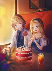  1boy :d alternate_costume bad_id bad_twitter_id bare_shoulders birthday_cake black_hairband black_necktie blonde_hair blue_dress blue_eyes blush cake candy candy_cane chibi_vanille collarbone commentary corsage couple cup debonair_ezreal dress drinking_glass english_commentary ezreal female flower food hairband happy highres indoors juice league_of_legends long_hair lux_(league_of_legends) necktie off-shoulder_dress off_shoulder open_mouth orange_juice own_hands_together red_flower red_rose reflection rose see-through smile straight tea teacup upper_body 