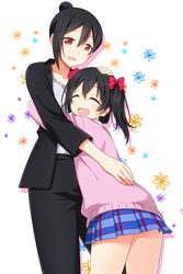  2girls :d ^_^ black_hair bow cardigan closed_eyes collarbone commentary hair_bun hairbow hand_on_another&#039;s_head highres hug love_live! love_live!_school_idol_project mature_female miniskirt mother_and_daughter multiple_girls open_mouth otonokizaka_school_uniform photoshop_(medium) plaid plaid_skirt pleated_skirt red_eyes school_uniform simple_background single_hair_bun skirt smile standing summer_uniform twintails umekichi yazawa_nico yazawa_nico&#039;s_mother 